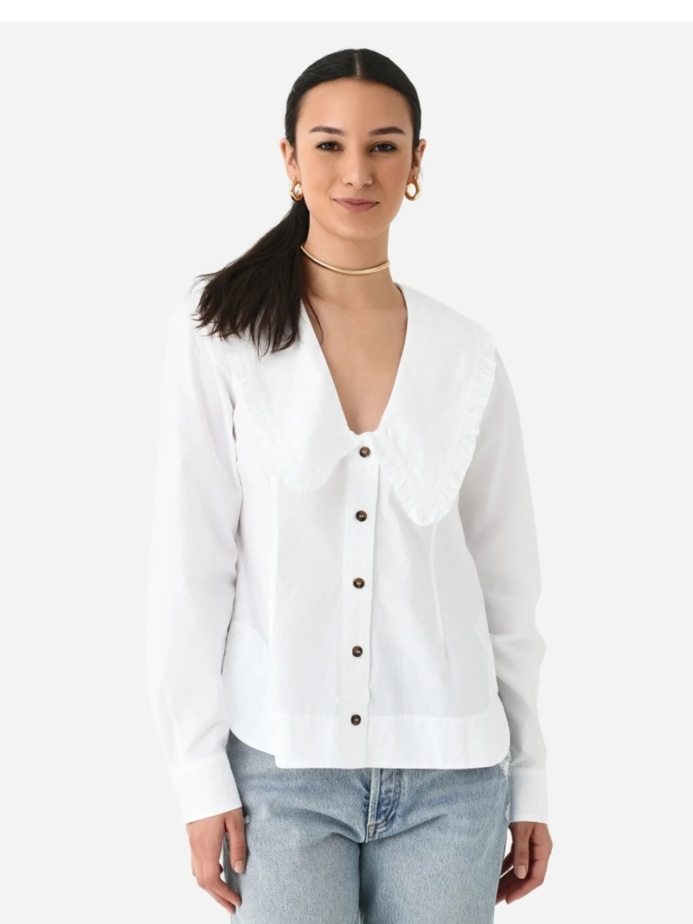 Ganni Cotton Poplin V-Neck Frill Collar Shirt White Size 40